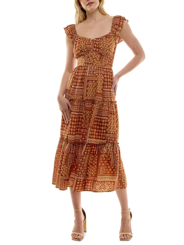 NWT Trixxi Rust Orange Tiered Patchwork-Print Ruffled-Strap Midi Dress Sz Large - Image 5