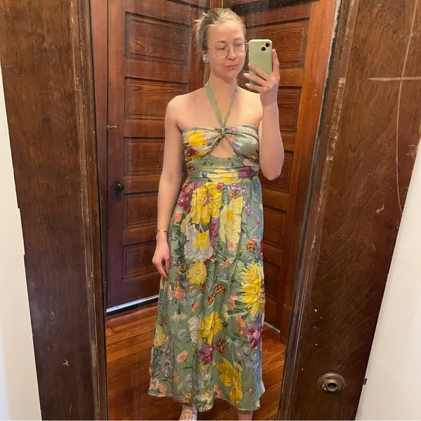 H&M Green Floral Halter Maxi Dress with Yellow & Purple Blooms - Image 3
