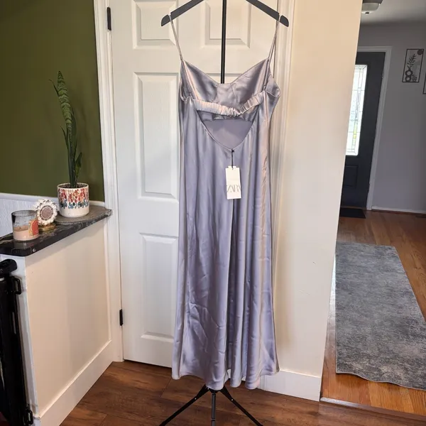 NEW Zara Silver Satin Effect Cut-Out Back Maxi Midi Dress Women's Size XL Luxury - Image 7