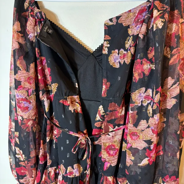 Lulus Dramatically Dreamy Black Floral Chiffon‎ Tiered Lurex Mini Dress Medium - Image 9