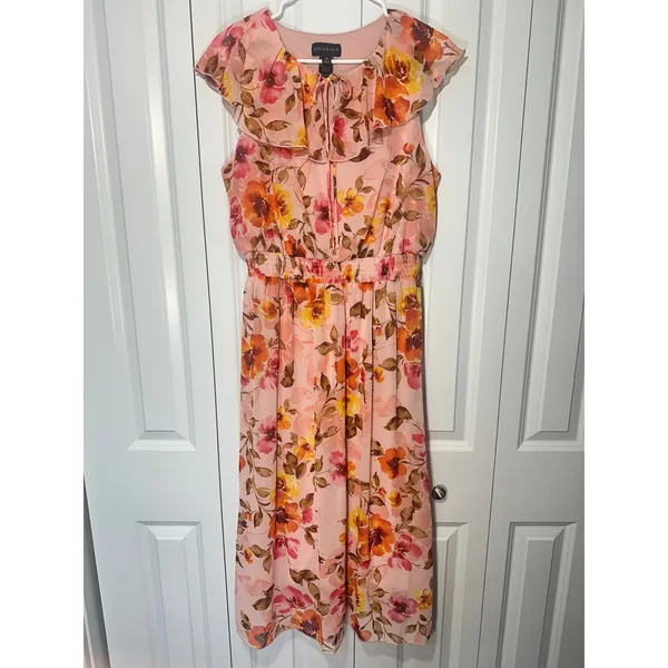 Stella & Julie Midi Dress Womens 14 Pink Floral Ruffle Sleeveless Garden Party - Image 2