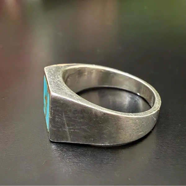 Vintage Sterling Silver Turquoise Inlay Signet Ring Size 7 - Image 4