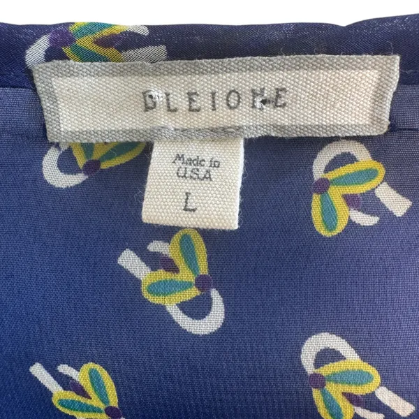 DLEIONE Sheer Bow Print Blouse‎ Blue Tie Neck Long Sleeve L Made in USA - Image 3