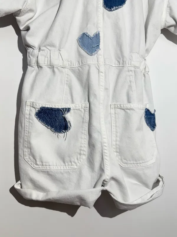 We The Free White Patchwork Denim Shortalls with Light Blue Heart Patch - Image 15