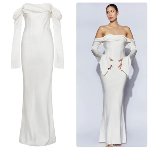 MESHKI Womens Giselle Off Shoulder Cowl Neck Elegant Bridal Midi Dress XXL White - Image 3