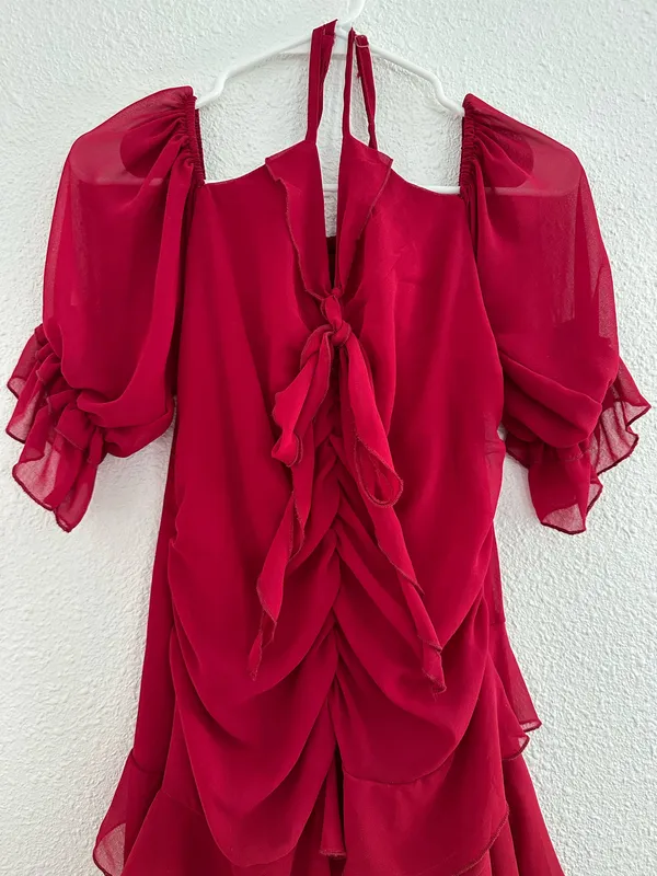 red ruffled ruched flowy salsa emoji asymmetrical dress - Image 3