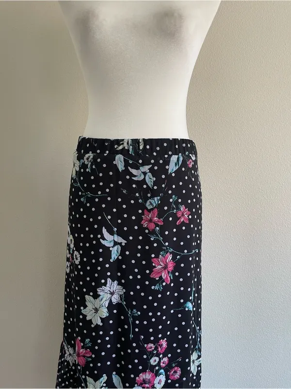 Floral Polka Dot Midi Skirt - Black with Pink & Mint Flowers Size XL - Image 2