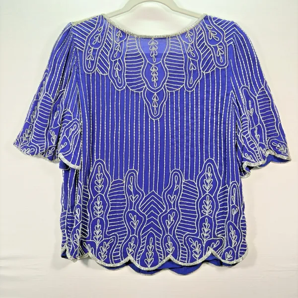 Vintage Royal Blue‎ Silk Beaded Blouse Silver Bugle Bead Scalloped Hem Top Small - Image 2