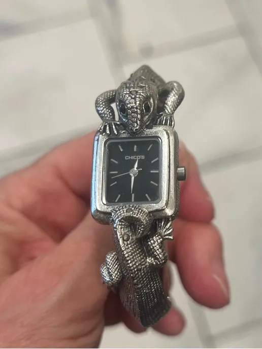 Chico's Silver Lizard Wrap Bracelet Watch with Black Dial - Image 2