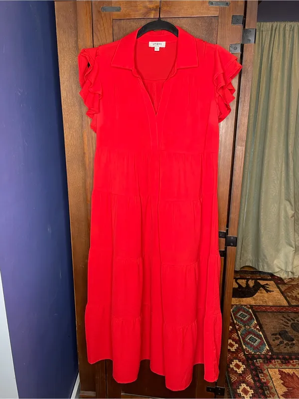 Umgee Tiered Flutter Sleeve Midi Dress Tomato Red Boho Cottagecore Casual S - Image 3