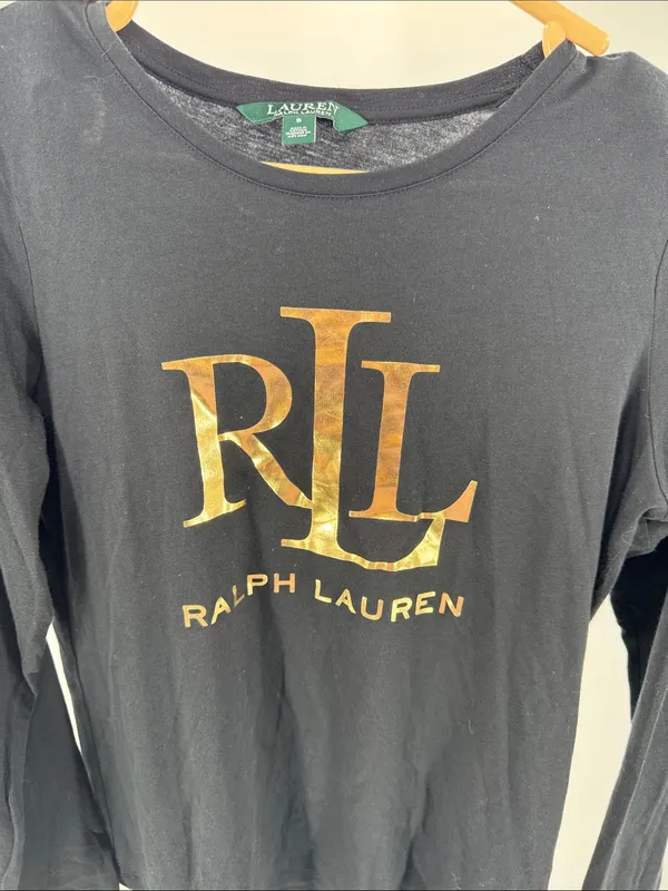 Ralph Lauren Black Long-Sleeve Tee Gold RL Logo S casual layering lightweight - Image 3
