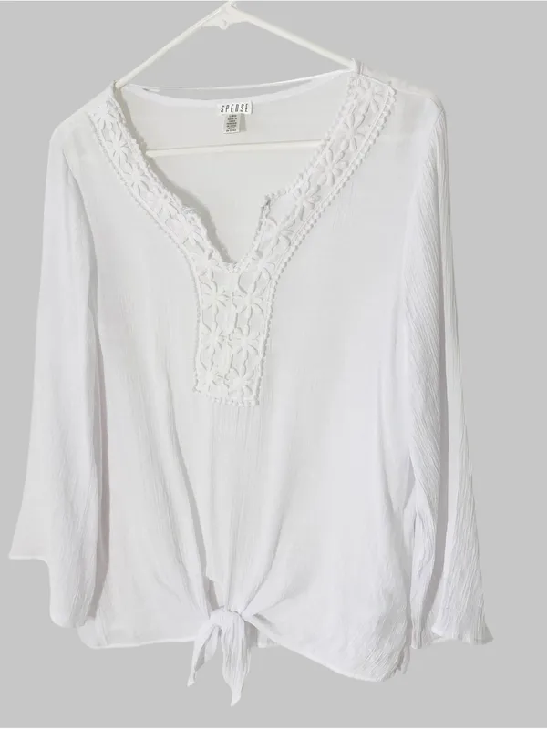 SPENSE Eyelet Lace Accent Tie Front Top White Size L - Image 5