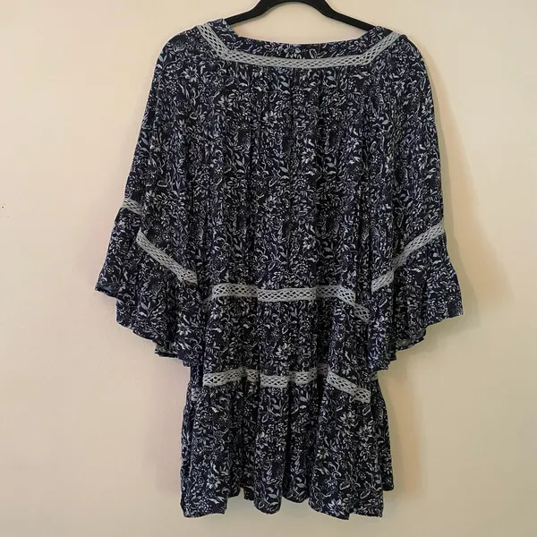 Free People Blue Floral Boho Square Neck Flowy Blouse Tunic Fairycore size Large - Image 5