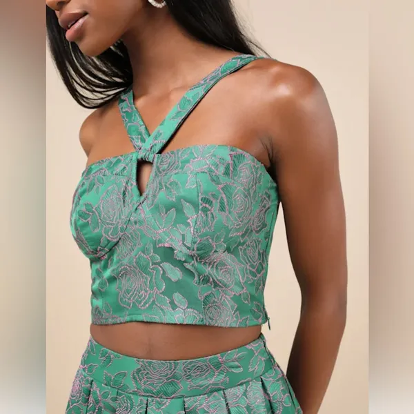 NEW Lulus Pink Green Floral Bustier Crop Blouse Top‎ Size M - Image 2