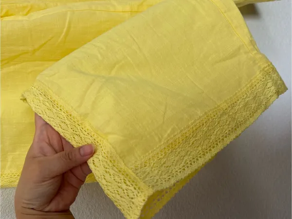 New Yellow Cotton Lace Trim Straight Leg Pants Medium - Image 2