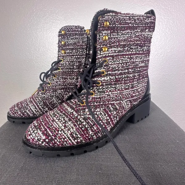 Tory Burch Miller Tweed Combat‎ Boots Purple White Leather Lug Sole 8M - Image 2