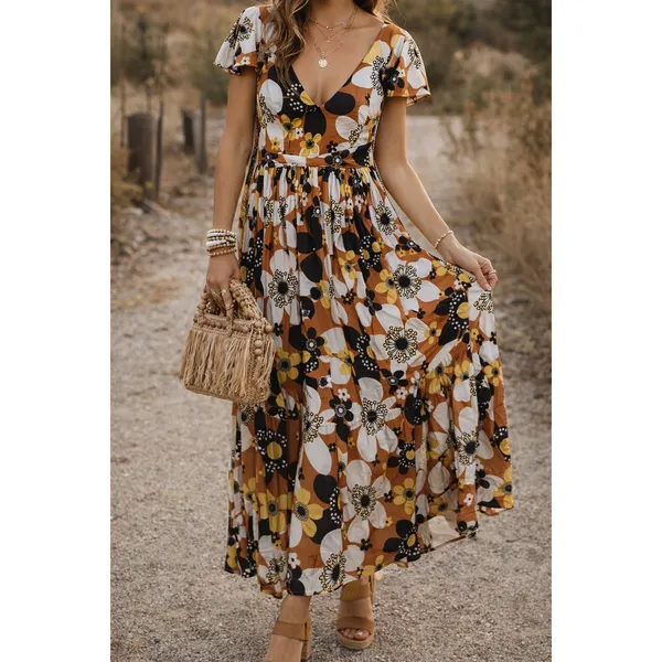 Dodo Bar Or Jenny Long Dress Brown Retro Floral Maxi Size Medium Womens - Image 15
