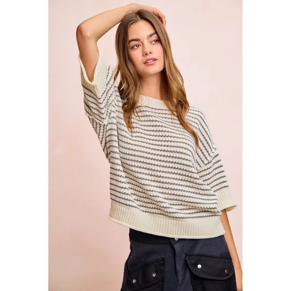 BiBi Stripes Short Sleeves Rib Banded Outseam Knit Top‎ - Cream/Grey - Medium - Image 6