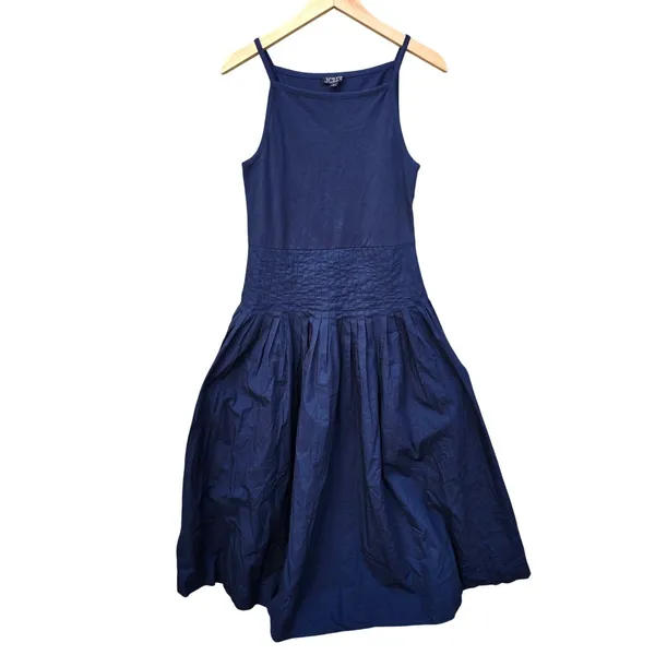 J. Crew NWT Pintuck Mixy Dress Navy Blue Square Neck Midi Pleated Waist Size M - Image 3