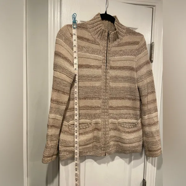 L.L. Bean Tan Striped Cotton Mock Neck Full Zip Knit Cardigan Sweater Size S P - Image 8