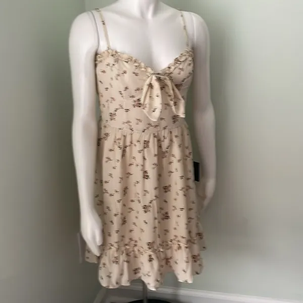 Lulus Romantic Muse Cream Floral Print Tie-Front Ruffled Mini Dress Medium NEW - Image 7