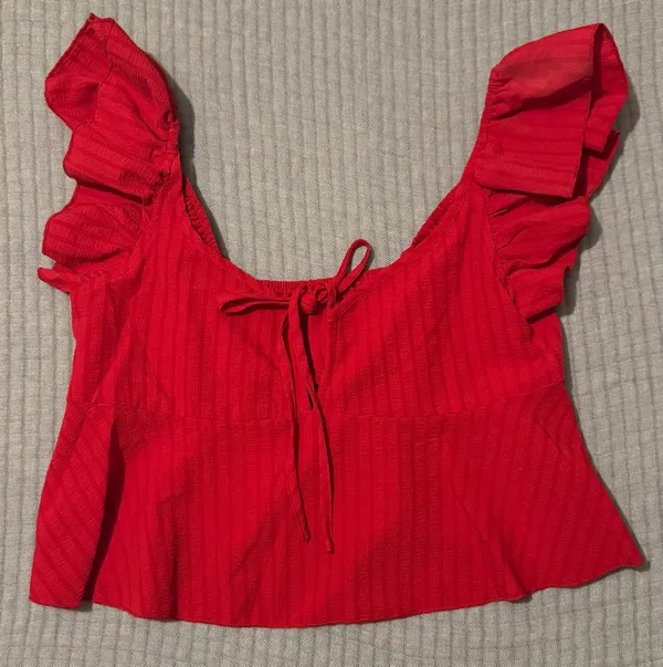 Shein Red Ruffle Sleeve Tie Front Peplum Top - Image 3
