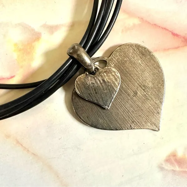 Silver tone double heart pendant necklace on black cord - Image 6