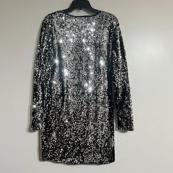 Primark Womens Silver‎ Black Sequin V-Neck Long Sleeve Mini Party Dress Large - Image 7