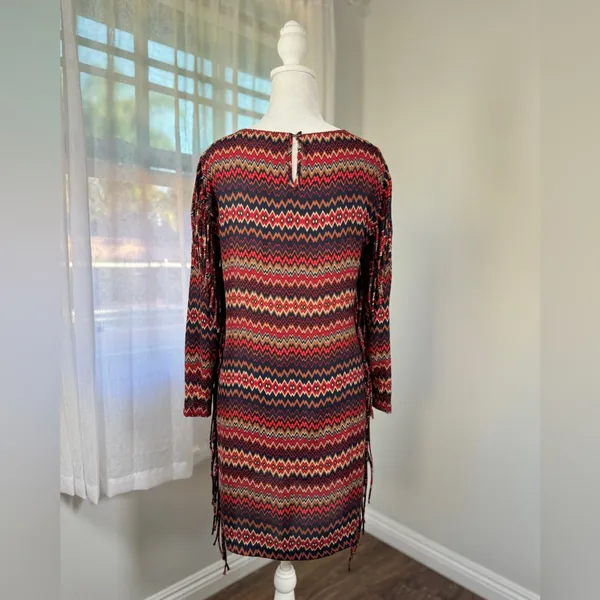 Zara Multicolored Zigzag Print Fringed Long Sleeve Midi Dress - Image 6