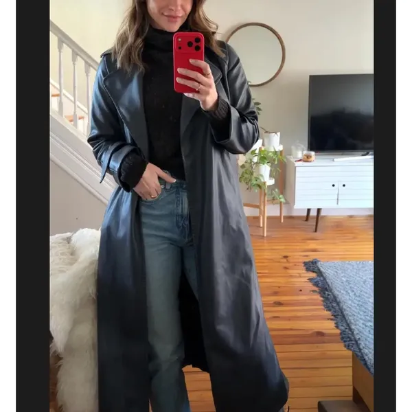 Jason Wu Navy Blue Faux Leather Trench Coat XS Double Breasted Designer $515 - Image 6