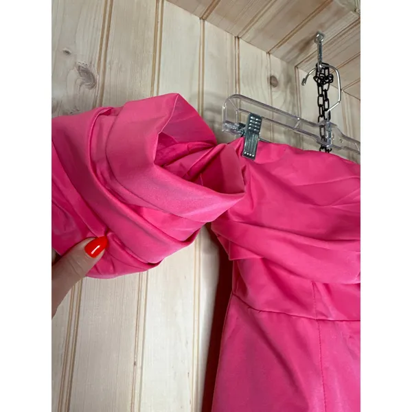 NWT Lulus Totally Haute Hot Pink Satin Pleated Off-the-Shoulder Mini Dress Sz M - Image 4