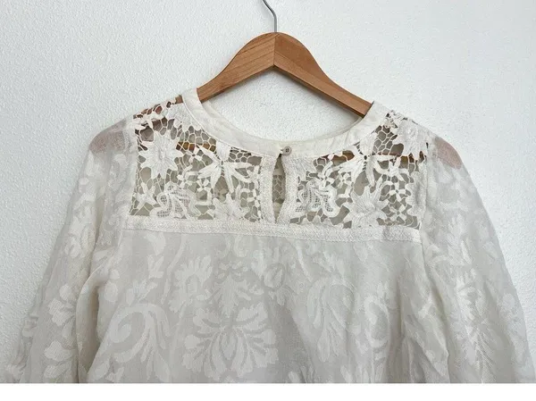 Champagne & Strawberry Floral Blouse Boho Sheer Flowy Lace Top Bell Sleeves L - Image 6