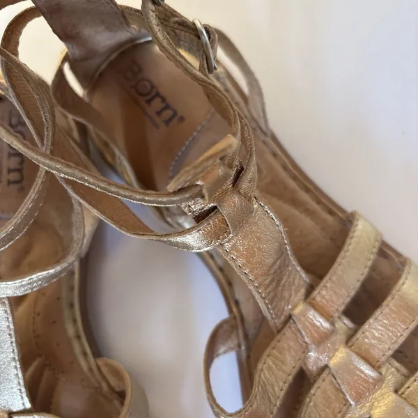 Born Gold Strappy Flat Leather Open Toe Buckle Sandals 36.5 Size 6 - Image 4