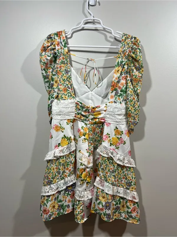 For Love & Lemons Rosalyn Yellow and Green Floral Lace-Trim Mini Dress Large - Image 6
