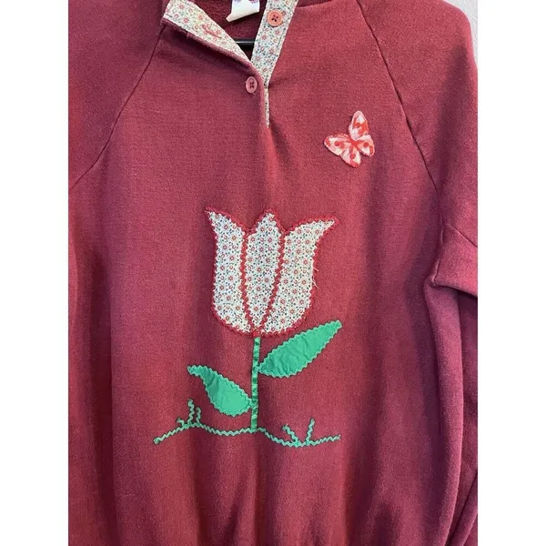 VTG Healthknit‎ Flowers Floral Collar Grandma Burgundy Sweatshirt Womens L - Image 2