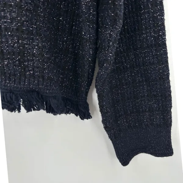 MNG Women Navy Blue‎ Metallic Tweed Knit Fringe Sweater Pullover Top Size Large - Image 6