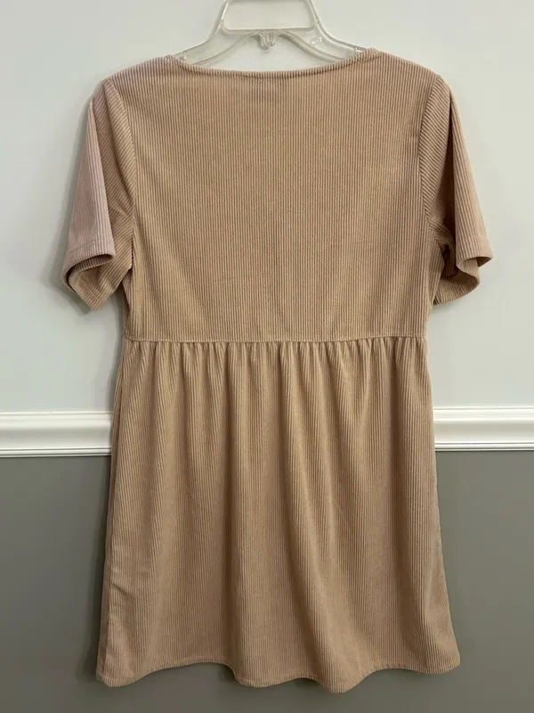 Reclaimed Vintage Brown Tan Ribbed Corduroy Short Sleeve Button Dress Medium - Image 4