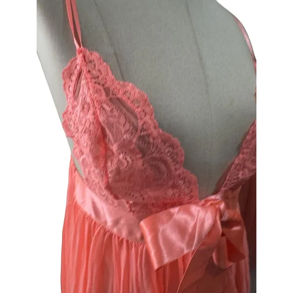 Vintage Victoria's Secret Pink Pleated Babydoll Lace Satin Bow Lingerie M Y2K - Image 6