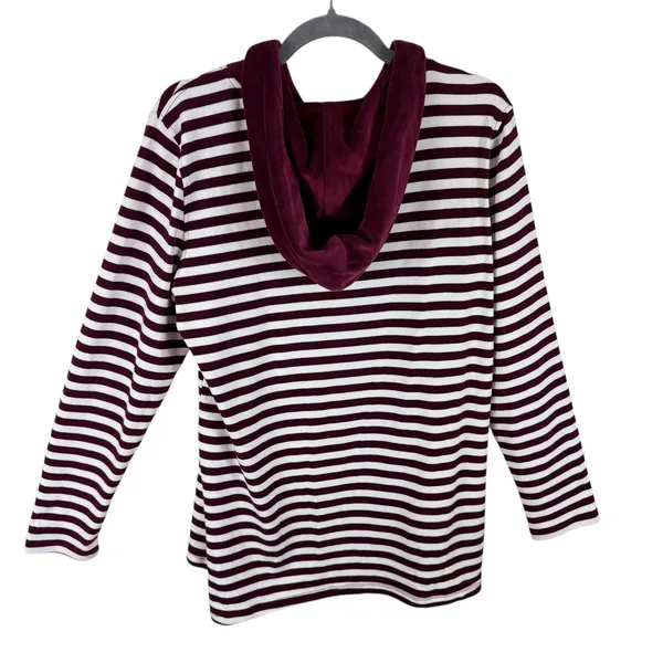 Denim‎ & Co Burgundy Cream Striped Cowl Hooded Knit Velour Pullover Top Medium - Image 2