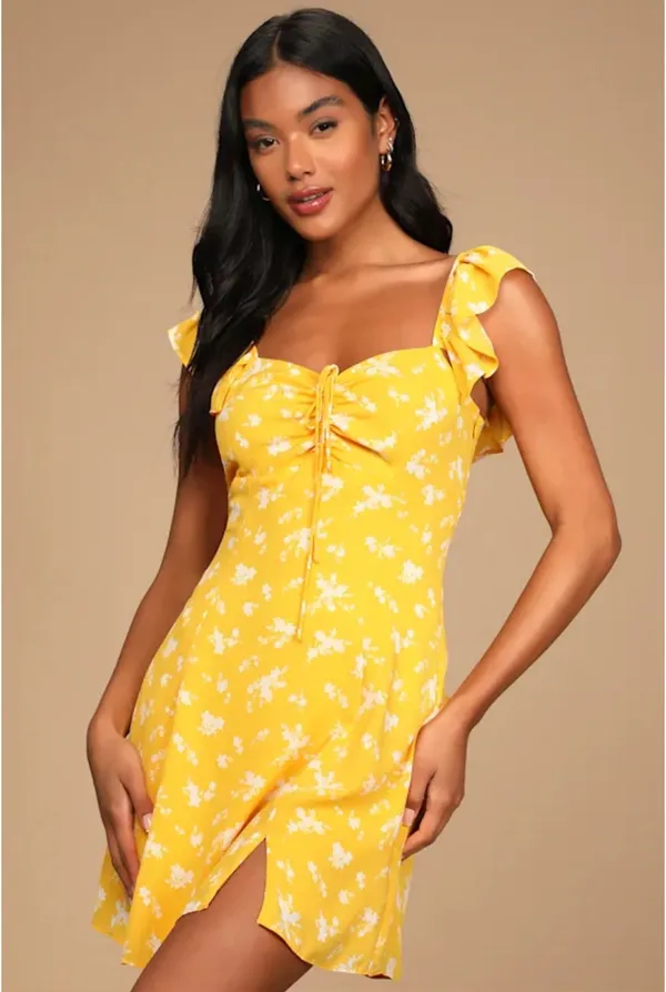 Lulus Yellow Floral Mini Dress Mustard - Image 3