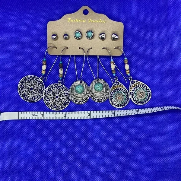 New‎ silver tone boho western faux turquoise earrings 6 pack bohemian - Image 3