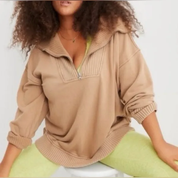 Aerie Brown Down To Earth Quarter Zip Pullover Sweatshirt Oversized Ribbed - Image 2
