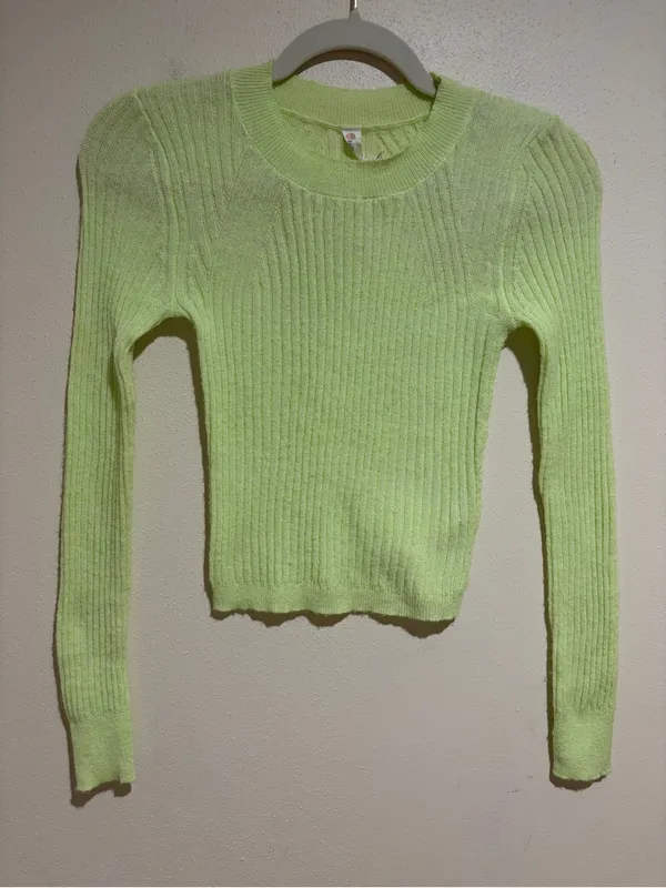 Anthropologie Daily Practice Wool Blend Cropped Ribbed Fitted Sweater Neon Green - Image 3