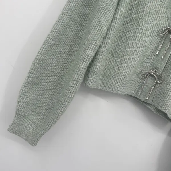H&M Womens‎ Sage Icy Green Rhinestone Bow Cropped Coquette Cardigan Sweater XS - Image 5