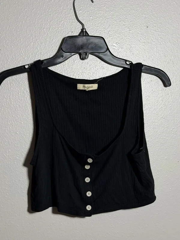 Madewell Women Minimalist Neutral Black Ribbed Button-Front Crop Tank Top size M - Image 4