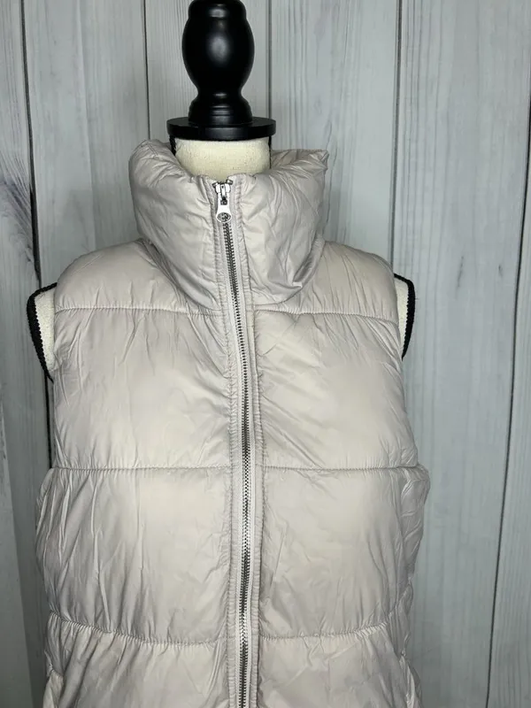 Old Navy Women’s Sz L Taupe Brown Puffer Vest Full Zip Snap Pockets Fleece Lined - Image 2
