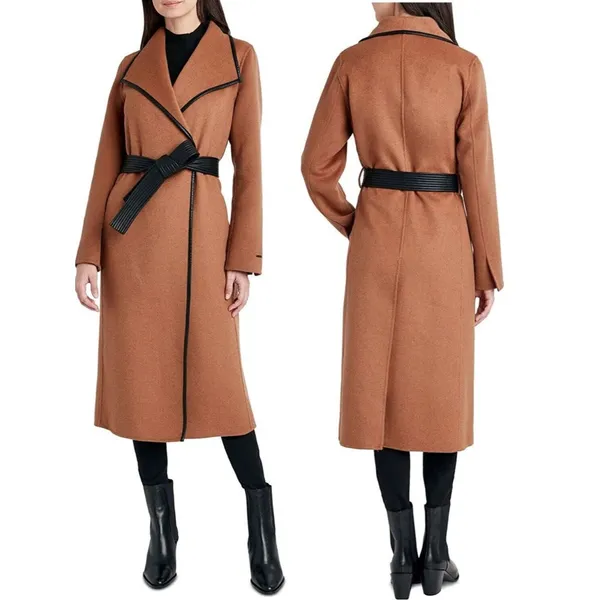 Tahari Wool Blend Faux Leather Trim Belted Coat Caramel Size Medium - Image 3