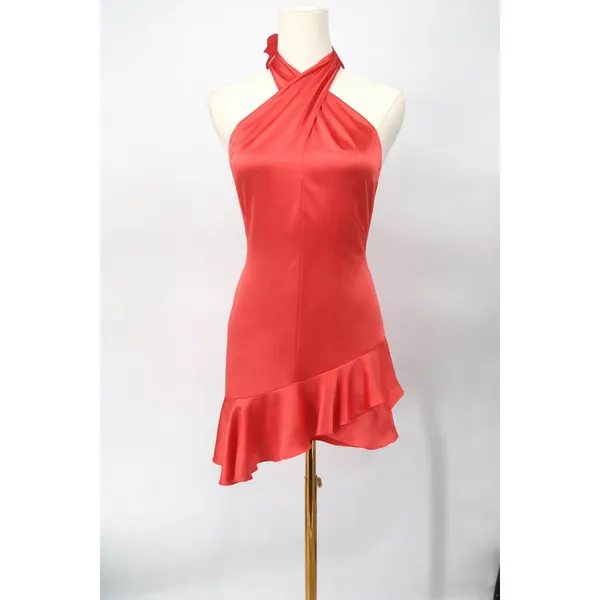 New!‎ Amanda Uprichard Pollie Dress - Coral Silk Halter Mini Dress Size Small - Image 3