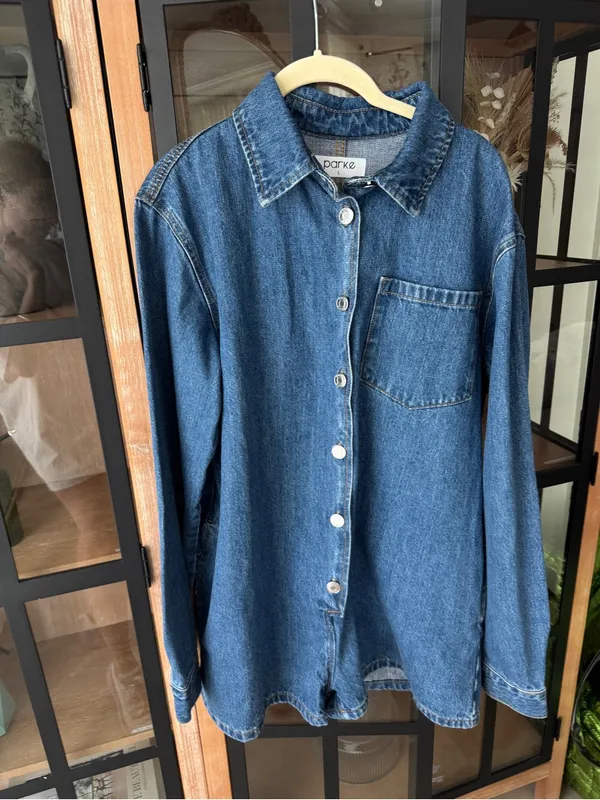 PARKE denim romper long sleeve button up playsuit collar patch dark wash - Image 8