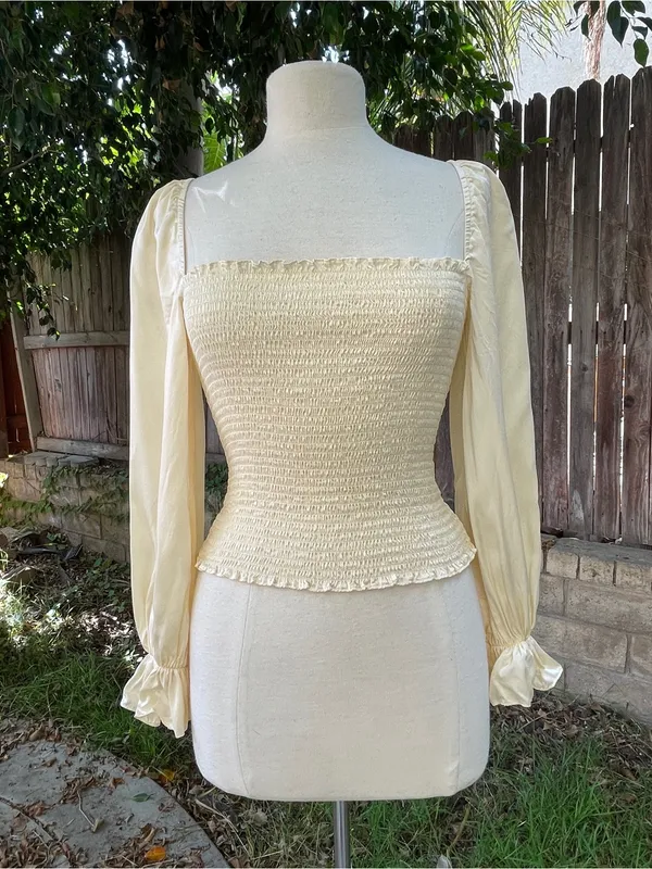 Reformation Chamomile top Smocked Square-Neck Satin puffed Sleeve romantic S - Image 3
